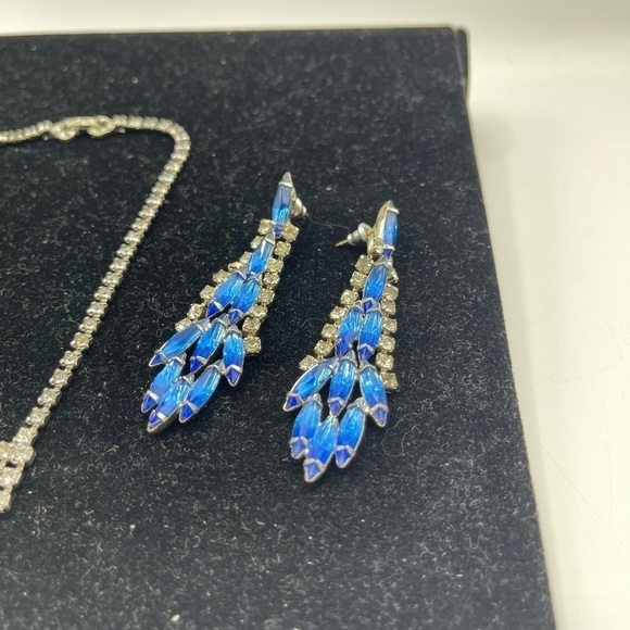 Statement Blue Clear Crystal Rhinestones Collar Necklace and Earring Set - Picture 4 of 6